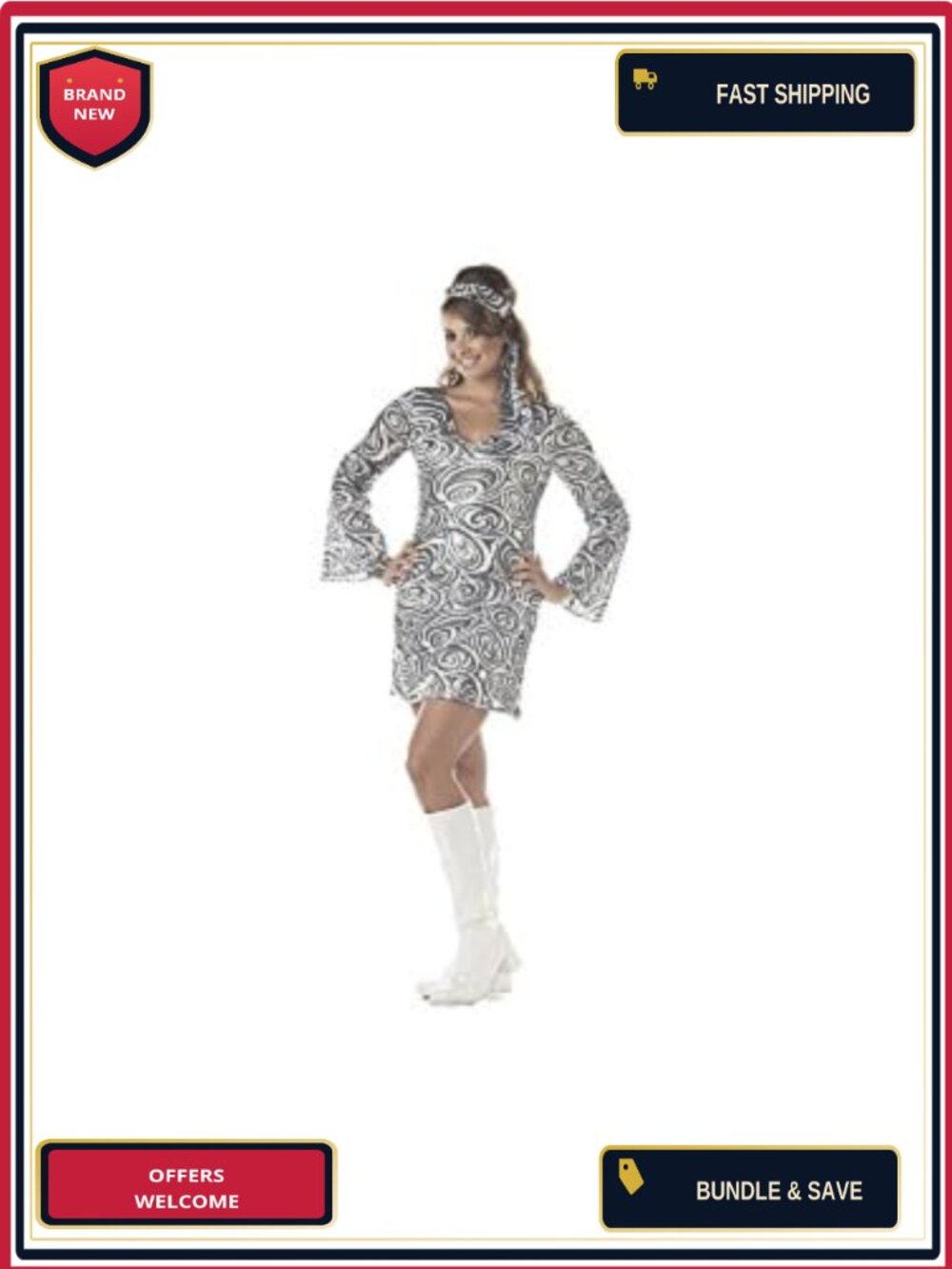 70s Disco Diva Dress Costume A-Line Mini with Head Tie